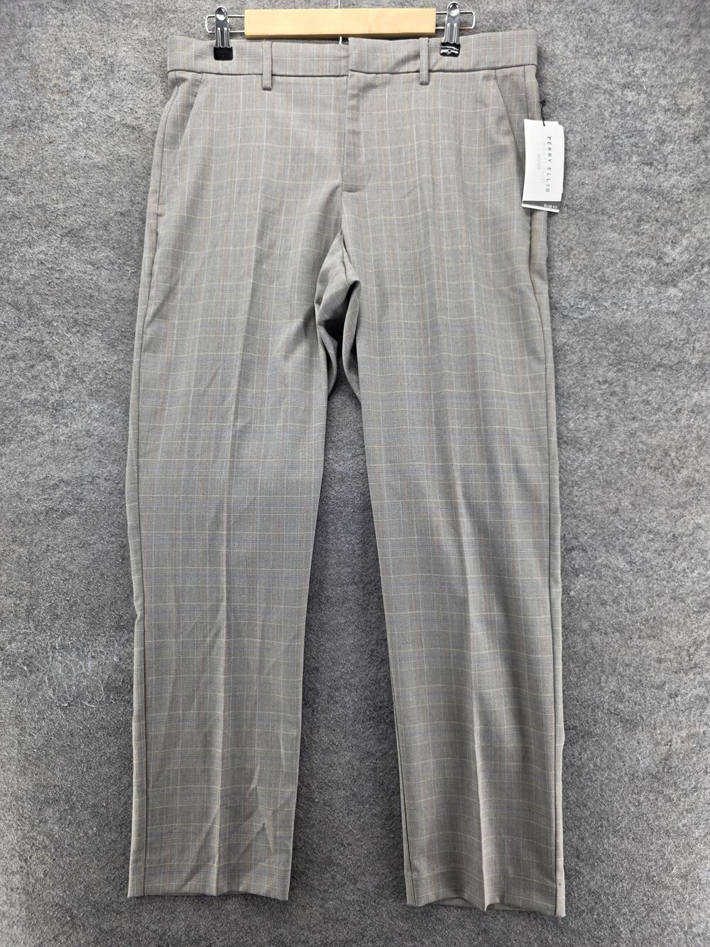 Perry Ellis Pants Mens 33x30 Gray Plaid Dress Pants Slim Stretch Portfolio